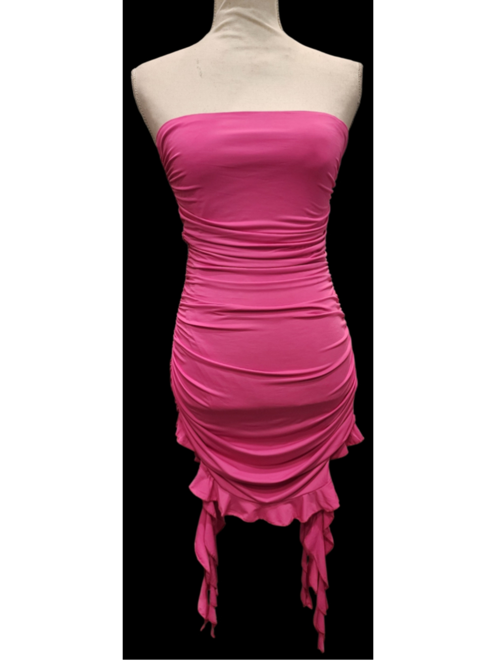 THIRTY/THIRTY LA Hot Pink Strapless Ruched Mini Dress Size S Bodycon Ruffle Hem